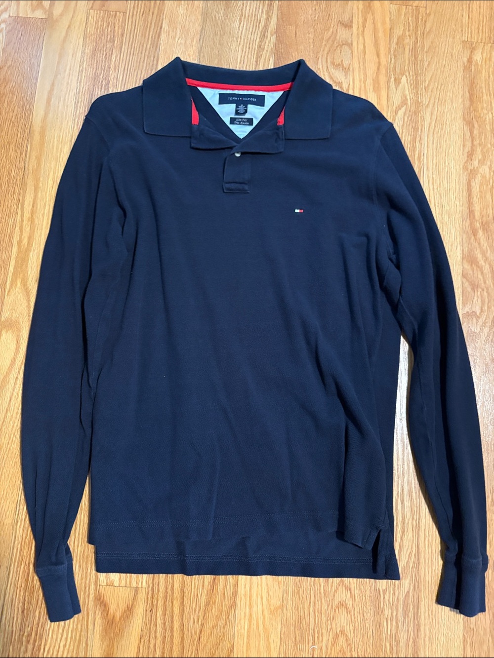Tommy Hilfiger Men's Navy Long-Sleeve Polo with Red Trim